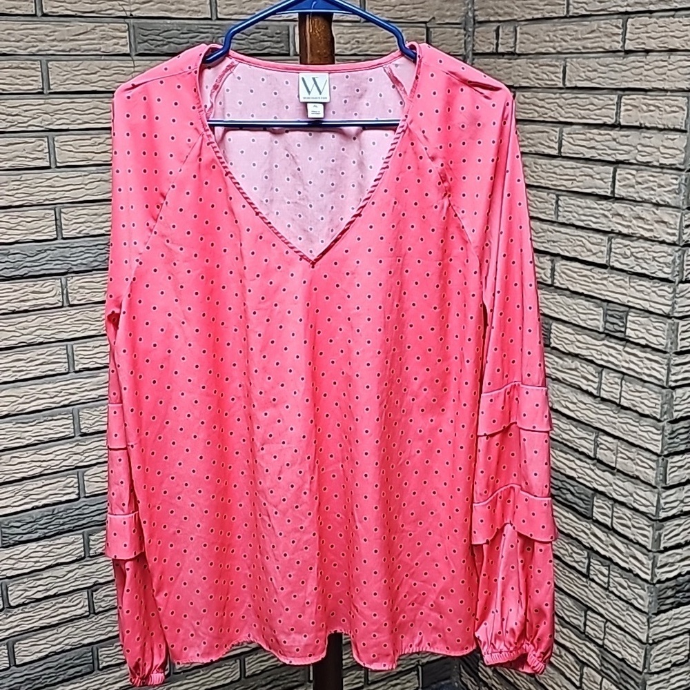 Worthington Ladies Blouse Sz XL Coral Polka dot